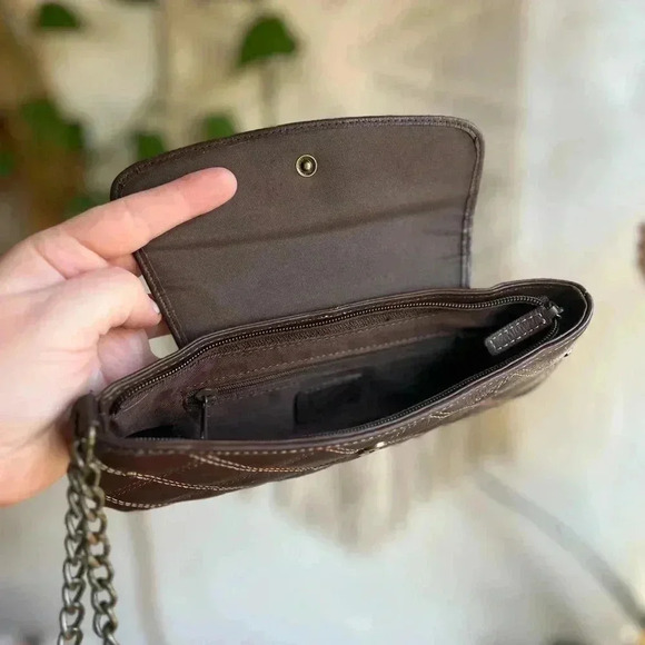 Fossil Brown Quilted Leather Wristlet / Clutch with Snap Closure - Picture 10 of 15